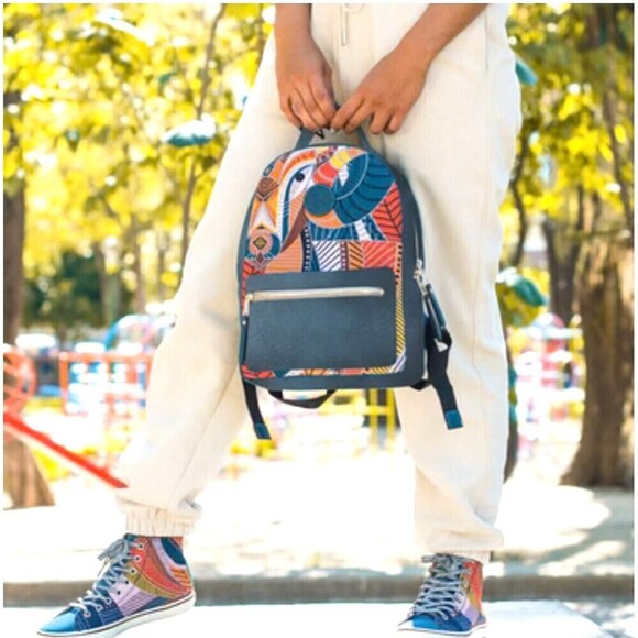 New Inkkas Cyprus Backpack Blue Multi Color Earthy Hues Vegan Suede Natural Rck - Picture 1 of 11